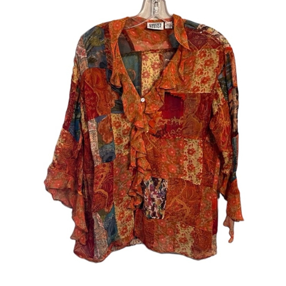 Vintage Chicos Patchwork Silk Romantic Bohemian Blouse Art to Wear Whimsical